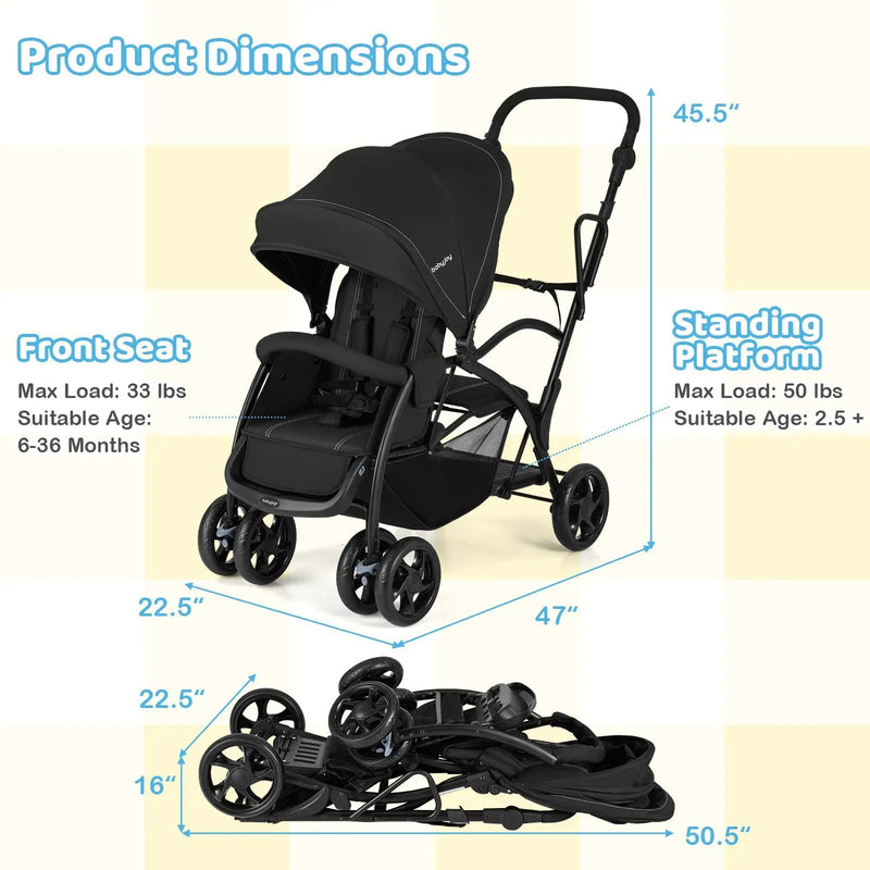 Foldable Twin Tandem Stroller Sit and Stand Double Stroller with Adjustable Handle Bar-Black by DirectDeals