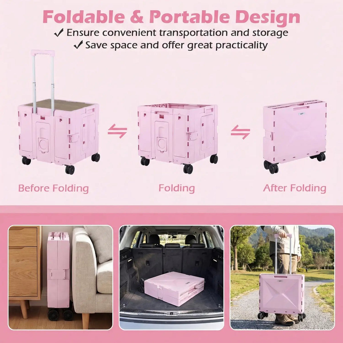 Foldable Utility Cart on 4 Rotate Wheels with Cup Holder, photo 6 of 24