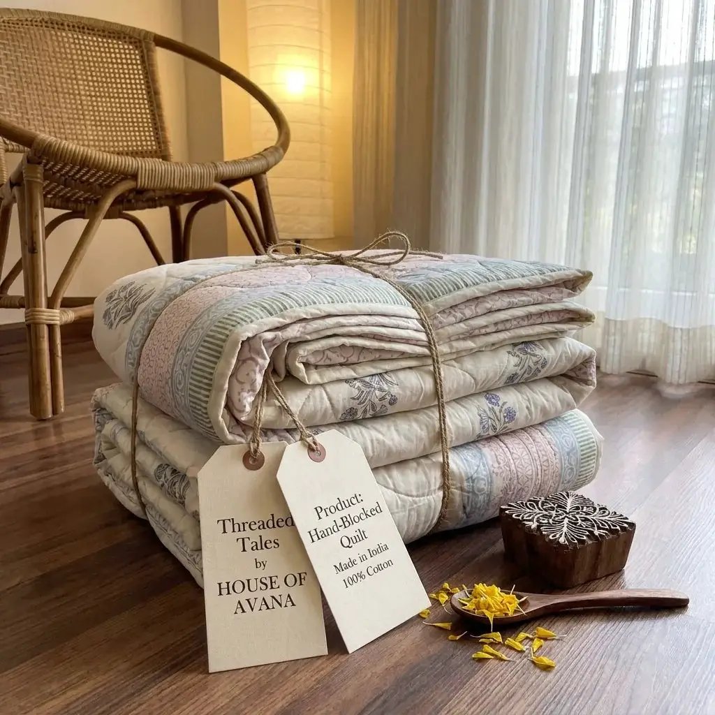 House of Avana Cream & Burgundy Slate Floral Jaipur Indian Hand Block Print Quilted Comforter by House Of Avana