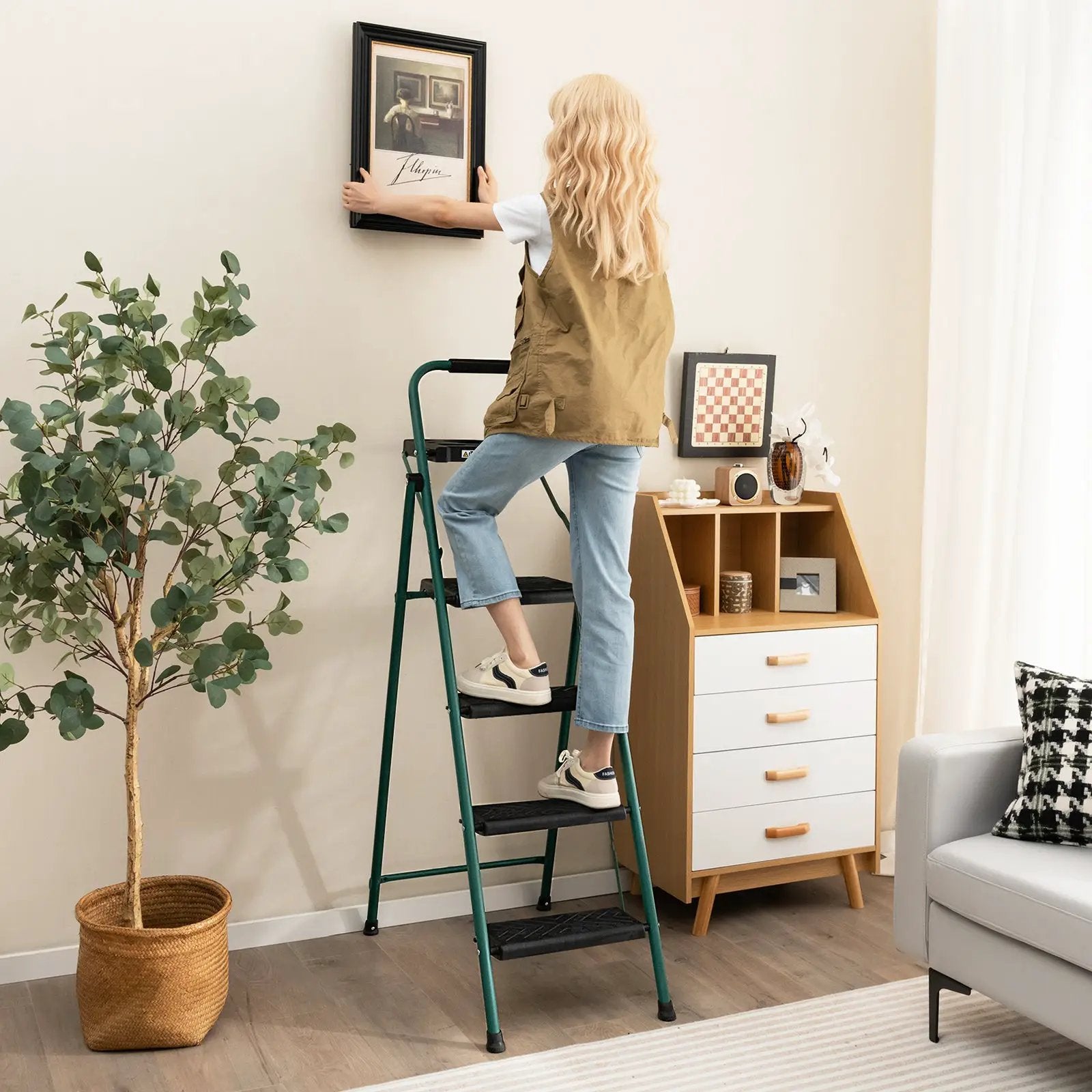 Folding 4-Step Ladder with Tool Tray Non-Slip Footpads and Pedals by DirectDeals