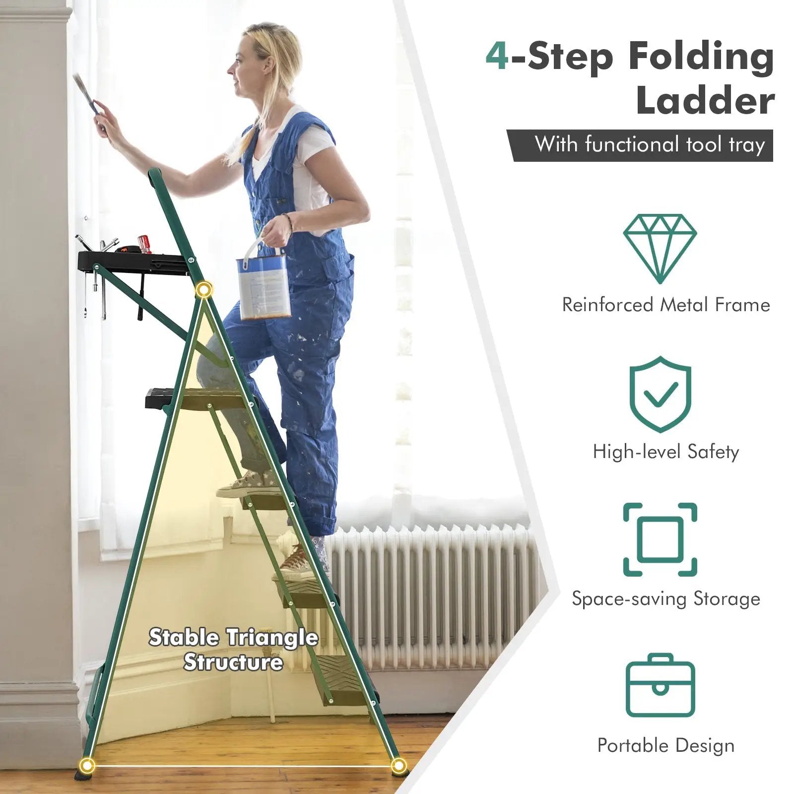 Folding 4-Step Ladder with Tool Tray Non-Slip Footpads and Pedals by DirectDeals