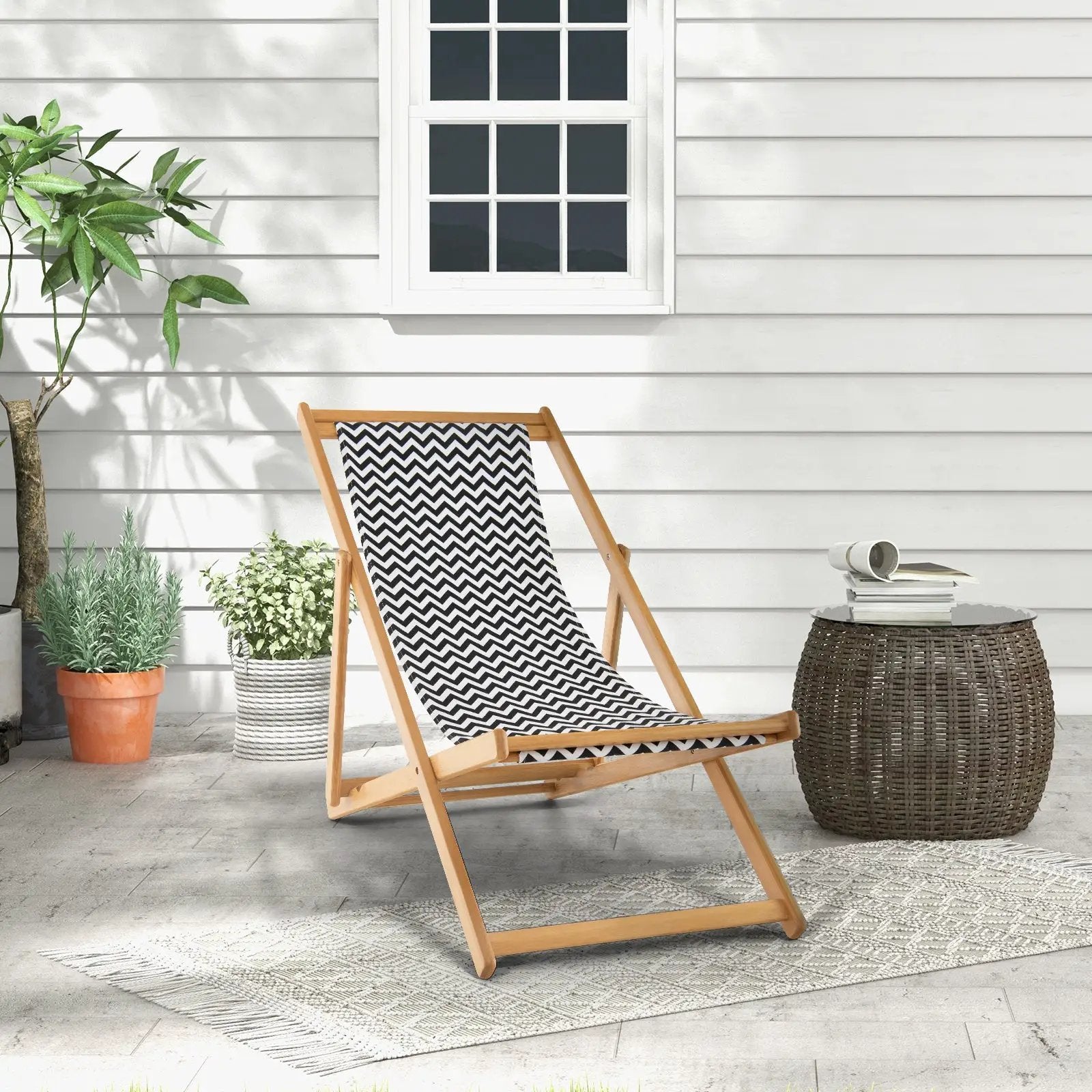 Folding Bamboo Sling Chair with Adjustable Backrest and Canvas-Natural by DirectDeals