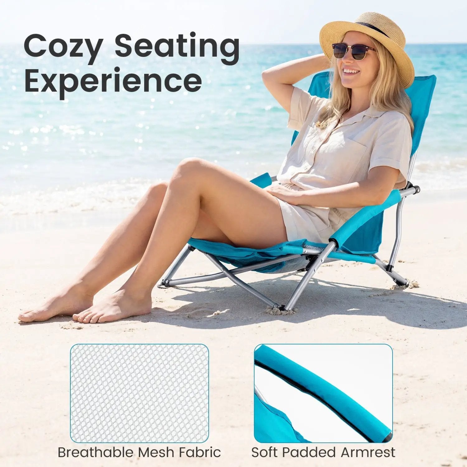 Folding Beach Chairs Set of 2 Portable Lightweight Low Seat Chairs with Padded Armrests by DirectDeals