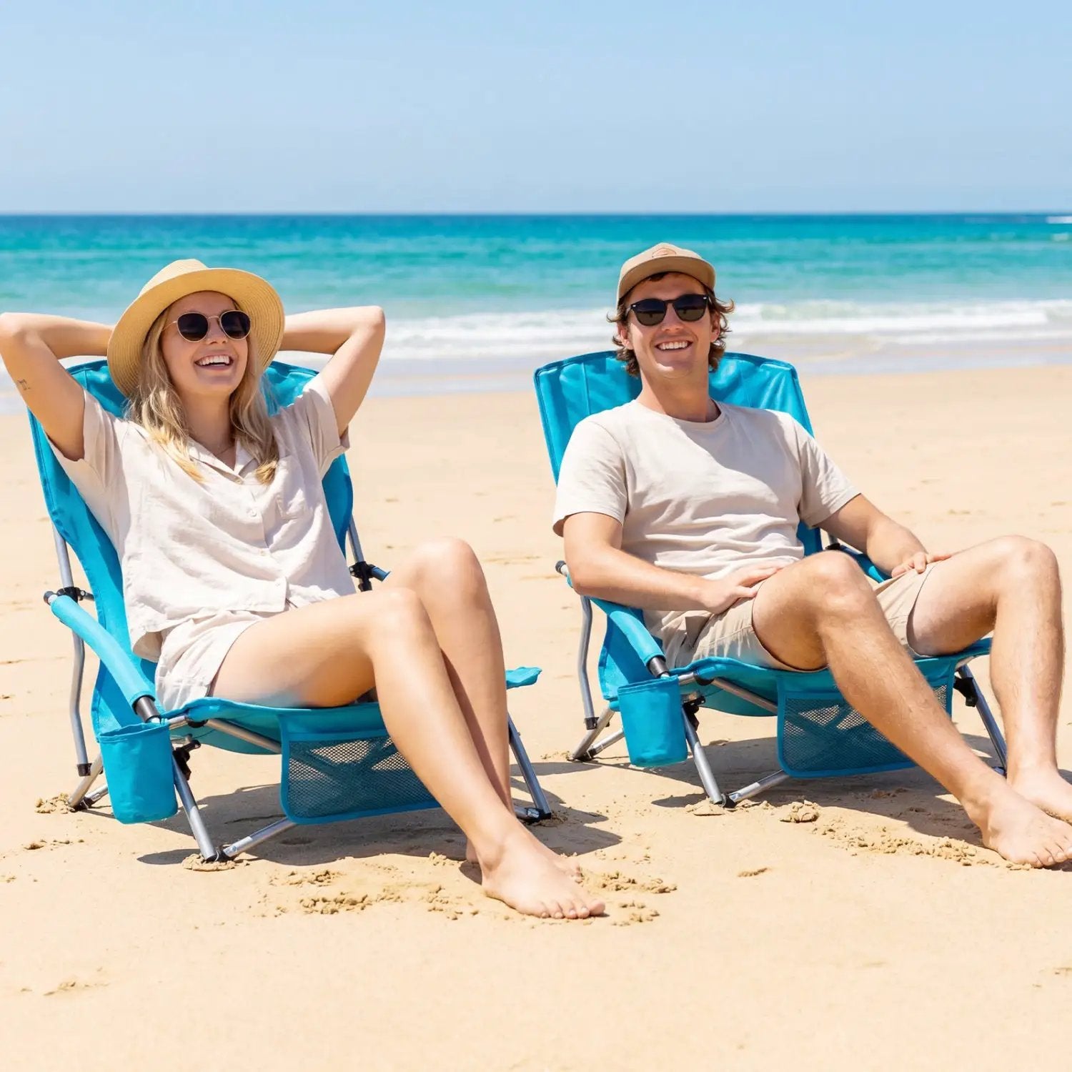 Folding Beach Chairs Set of 2 Portable Lightweight Low Seat Chairs with Padded Armrests by DirectDeals