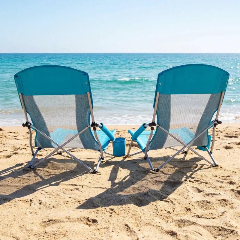 Folding Beach Chairs Set of 2 Portable Lightweight Low Seat Chairs with Padded Armrests by DirectDeals