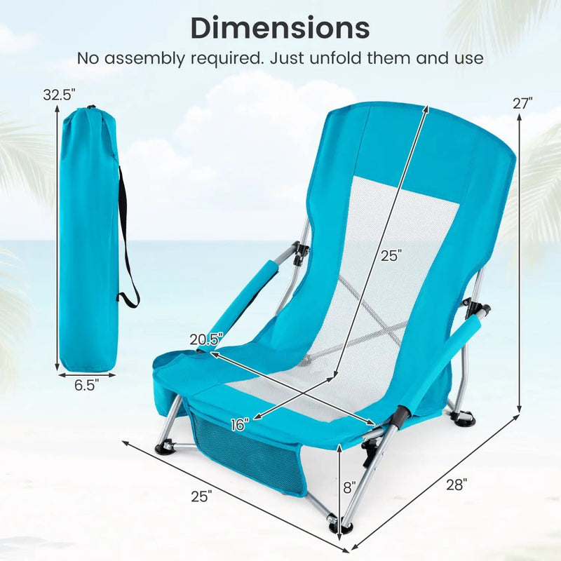 Folding Beach Chairs Set of 2 Portable Lightweight Low Seat Chairs with Padded Armrests by DirectDeals