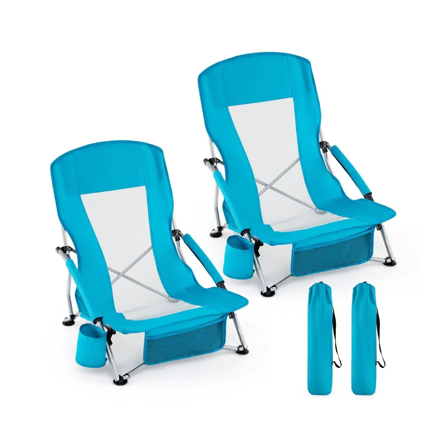 Folding Beach Chairs Set of 2 Portable Lightweight Low Seat Chairs with Padded Armrests by DirectDeals