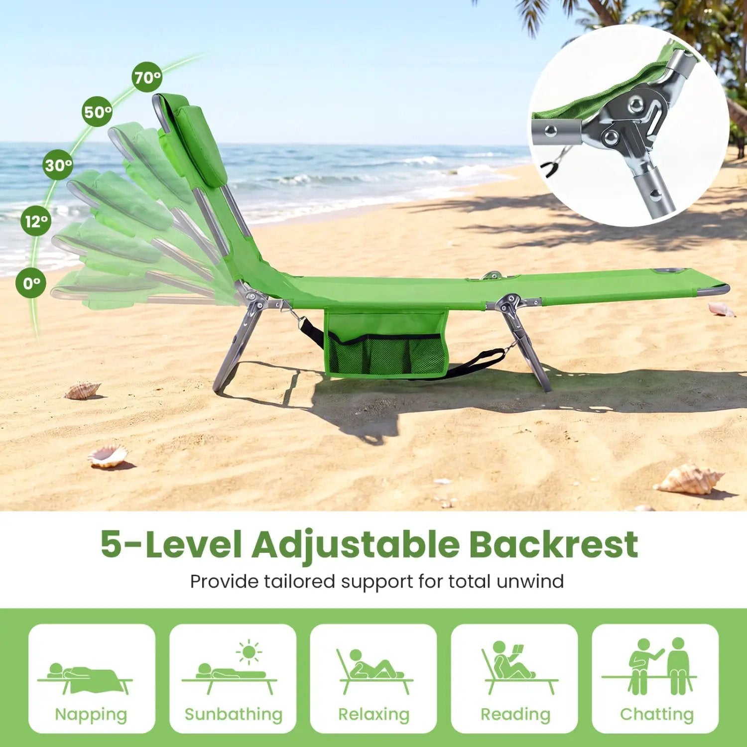 Folding Beach Lounge Chair with Adjustable Backrest for Lawn by DirectDeals