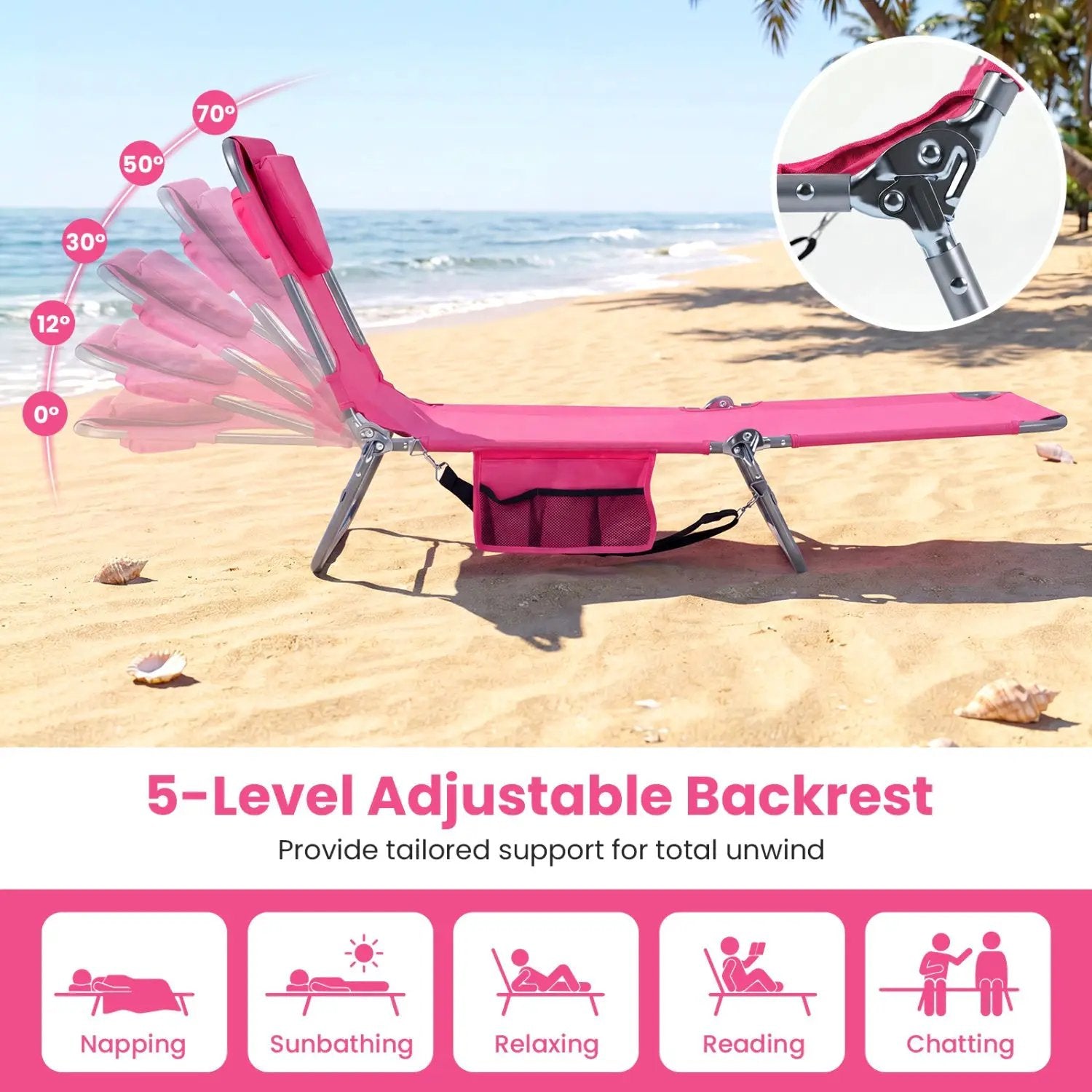 Folding Beach Lounge Chair with Adjustable Backrest for Lawn by DirectDeals