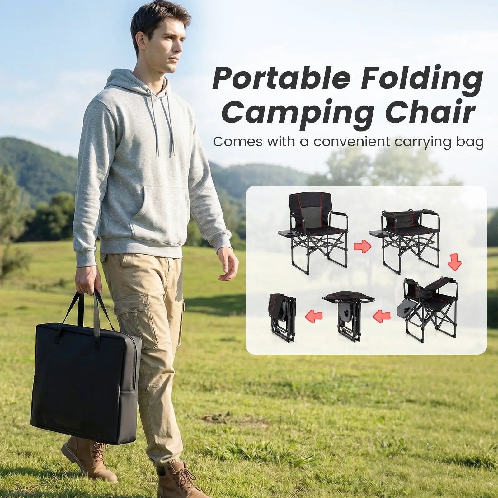 Folding Camping Chair with Side Table and Cup Holder with Carrying Bag by DirectDeals