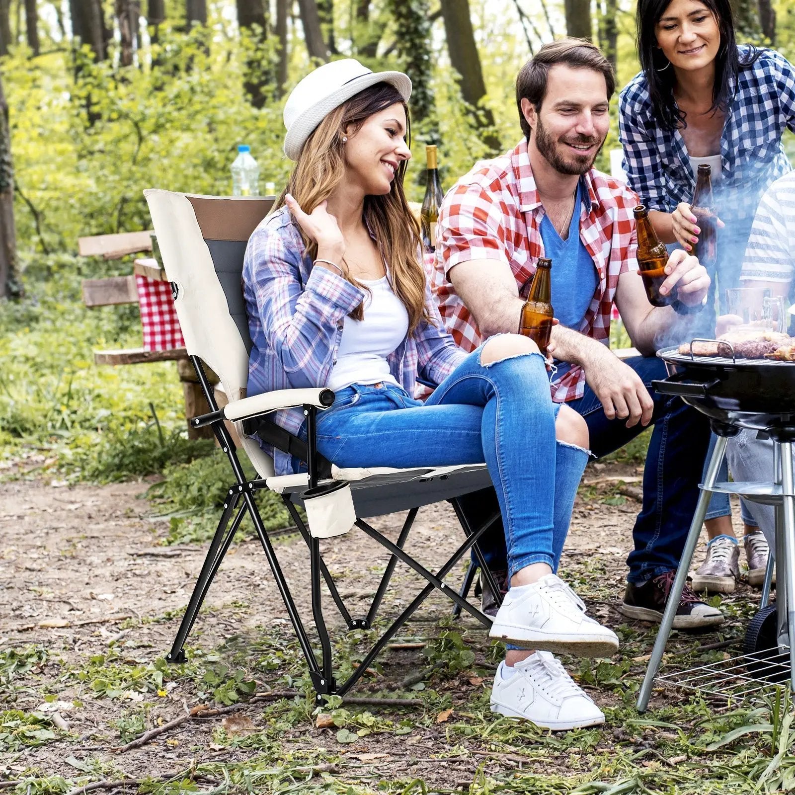 Folding Camping Chair with Cup Holder Armrest and Lumbar Pillow by DirectDeals