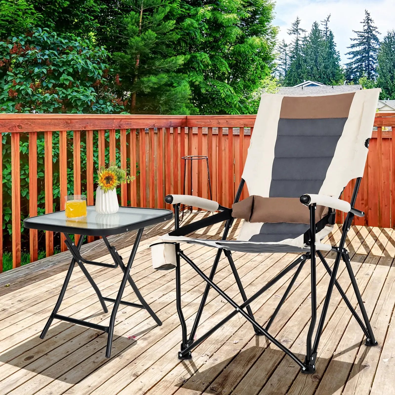 Folding Camping Chair with Cup Holder Armrest and Lumbar Pillow by DirectDeals