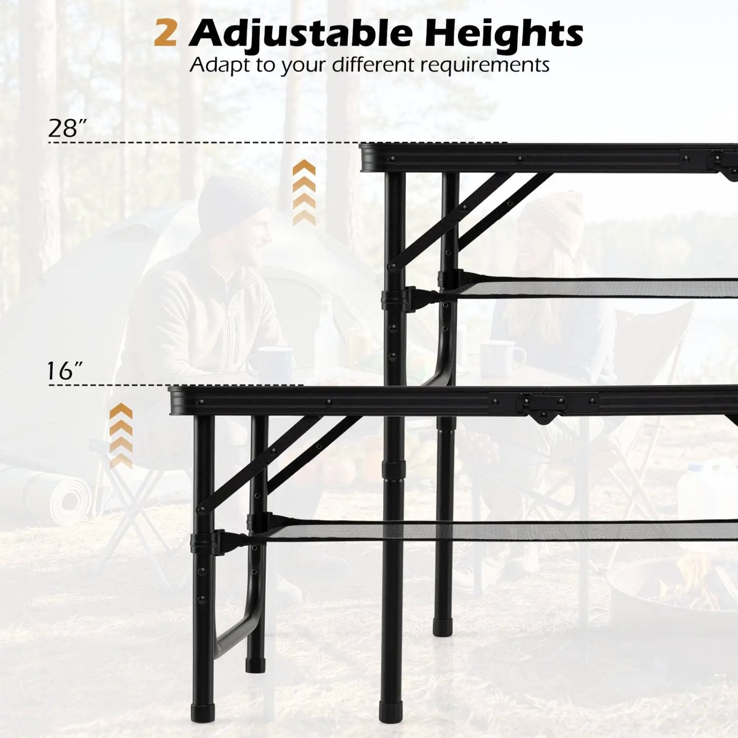Folding Camping Table with Adjustable Heights Storage Net & Handle by DirectDeals