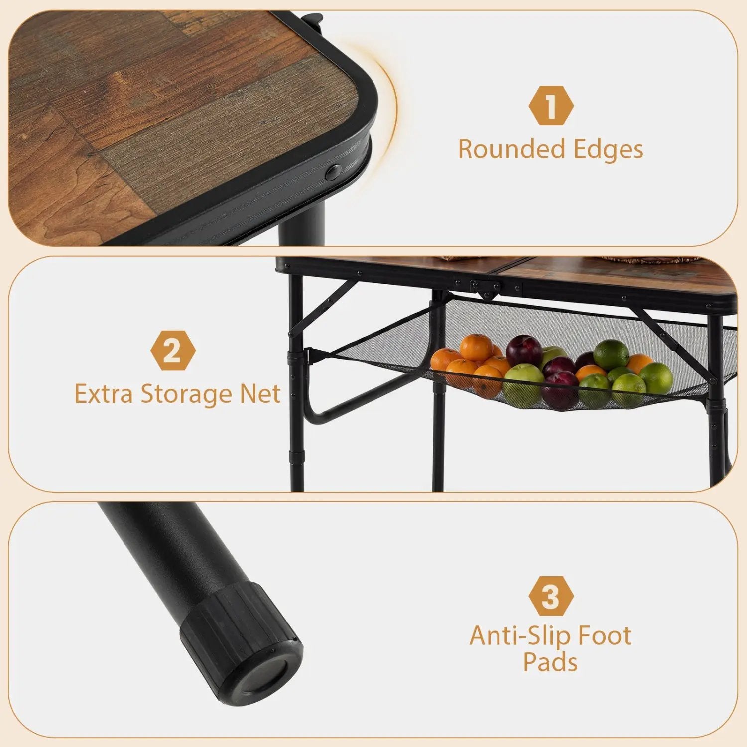 Folding Camping Table with Adjustable Heights Storage Net & Handle by DirectDeals