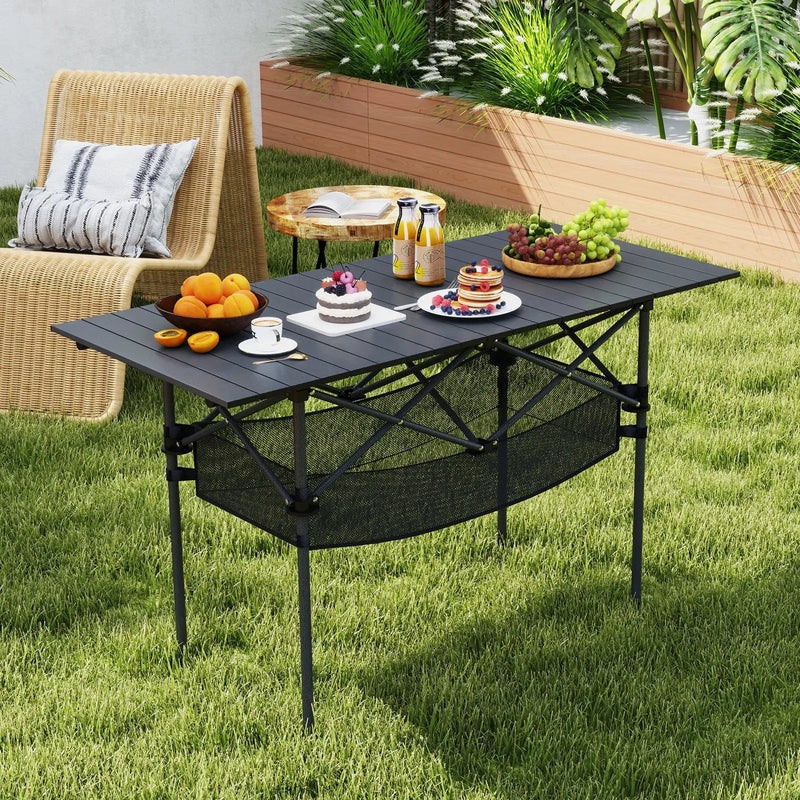 Patio Folding Camping Table with Roll-up Tabletop and Mesh Basket by DirectDeals