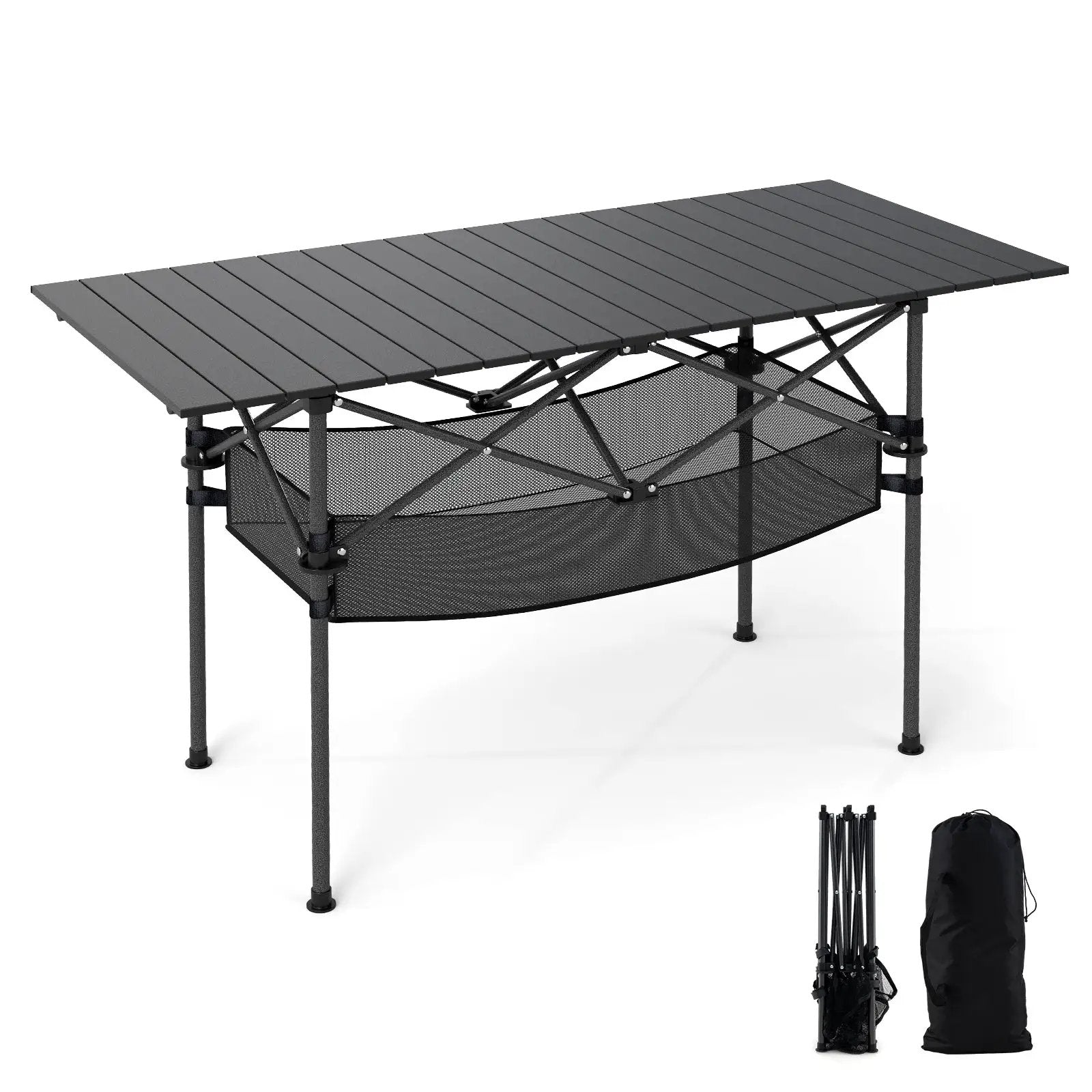 Patio Folding Camping Table with Roll-up Tabletop and Mesh Basket by DirectDeals
