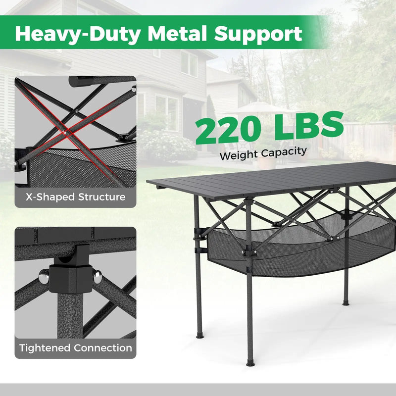 Patio Folding Camping Table with Roll-up Tabletop and Mesh Basket by DirectDeals