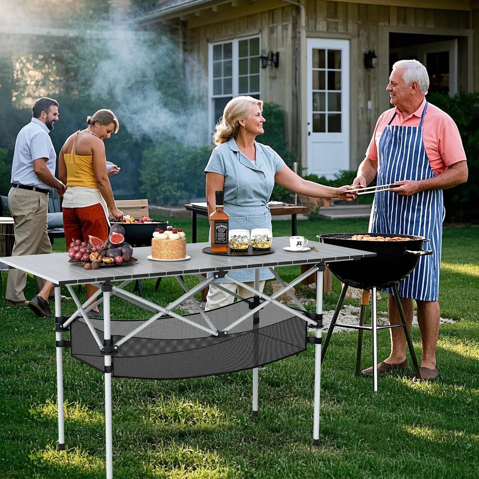 Patio Folding Camping Table with Roll-up Tabletop and Mesh Basket by DirectDeals