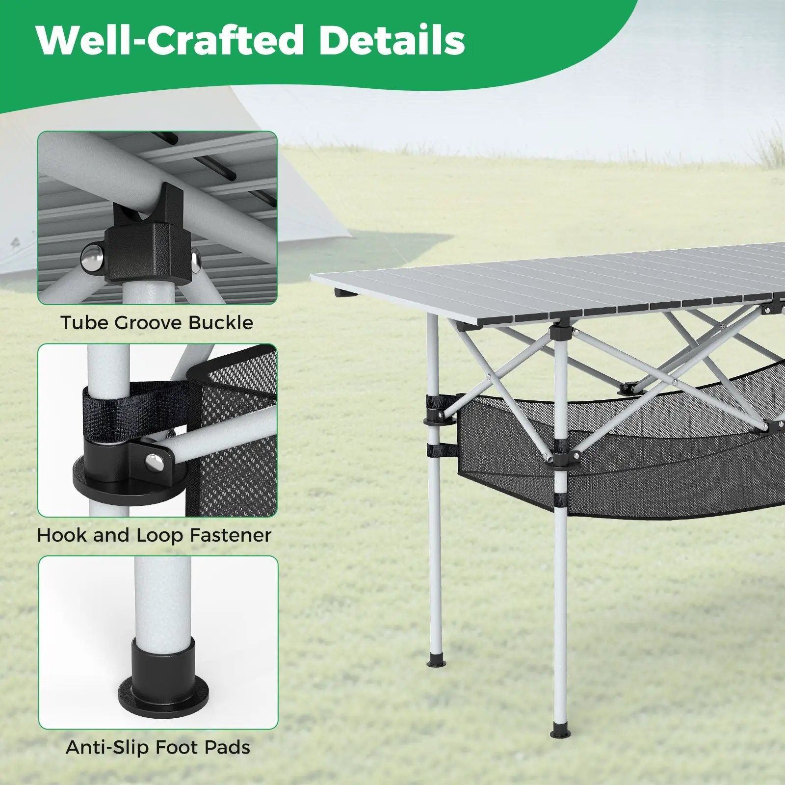 Patio Folding Camping Table with Roll-up Tabletop and Mesh Basket by DirectDeals