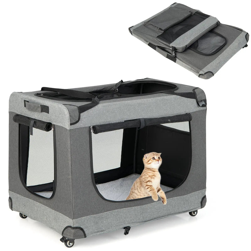 Portable Folding Dog Soft Crate Cat Carrier with 4 Lockable Wheels by DirectDeals