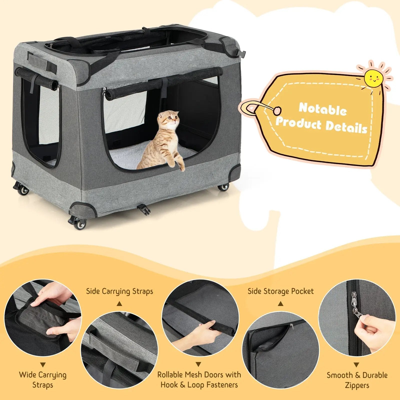 Portable Folding Dog Soft Crate Cat Carrier with 4 Lockable Wheels by DirectDeals