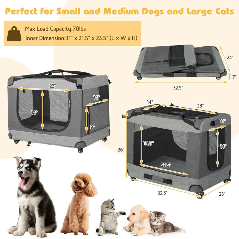 Portable Folding Dog Soft Crate Cat Carrier with 4 Lockable Wheels by DirectDeals