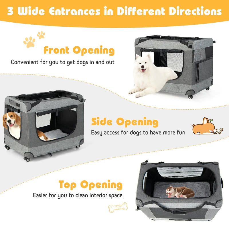 Portable Folding Dog Soft Crate Cat Carrier with 4 Lockable Wheels by DirectDeals