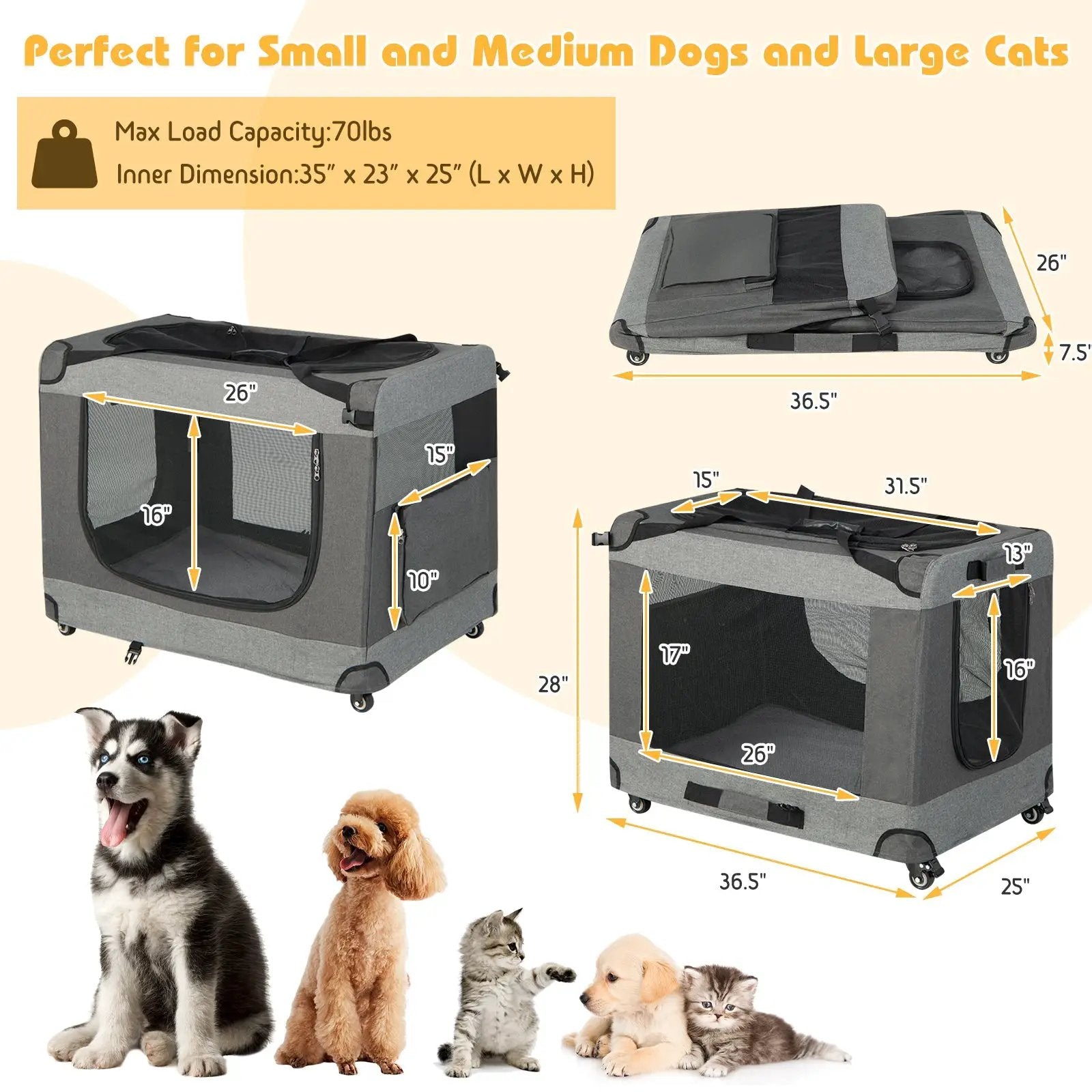 Portable Folding Dog Soft Crate Cat Carrier with 4 Lockable Wheels by DirectDeals