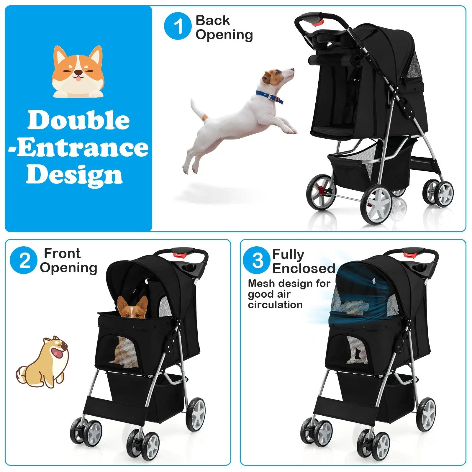 Folding Pet Stroller with Storage Basket and Adjustable Canopy by DirectDeals