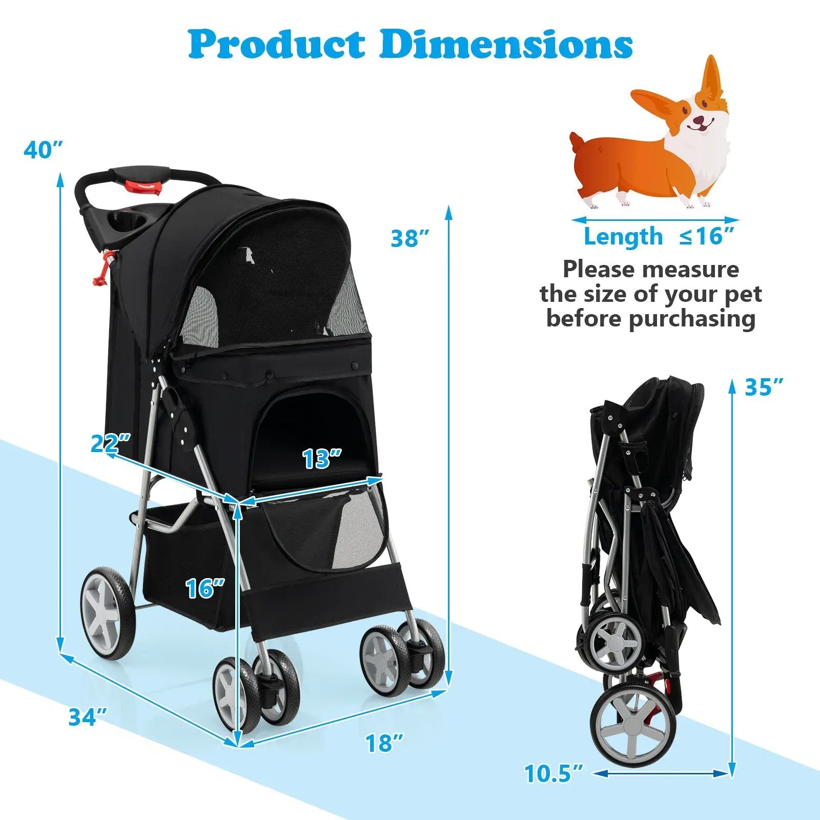 Folding Pet Stroller with Storage Basket and Adjustable Canopy by DirectDeals