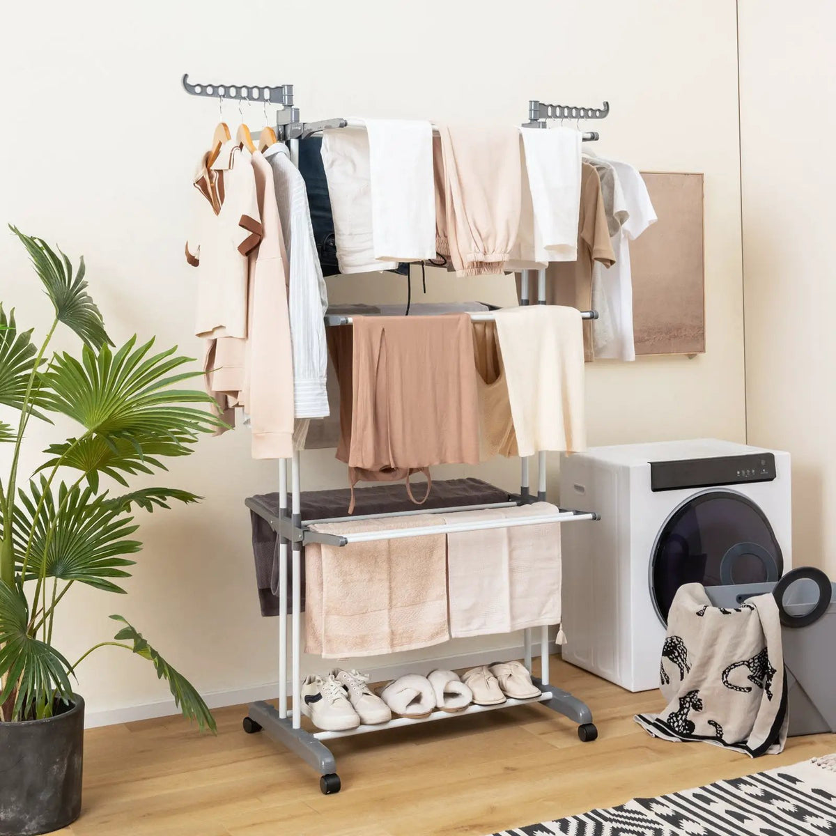4-tier Clothes Drying Rack with Rotatable Side Wings and Collapsible Shelves