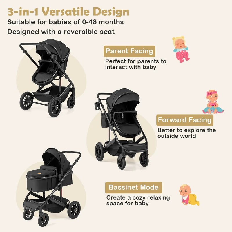 3-in-1 Folding Convertible Newborn Stroller with Detachable Bassinet by DirectDeals
