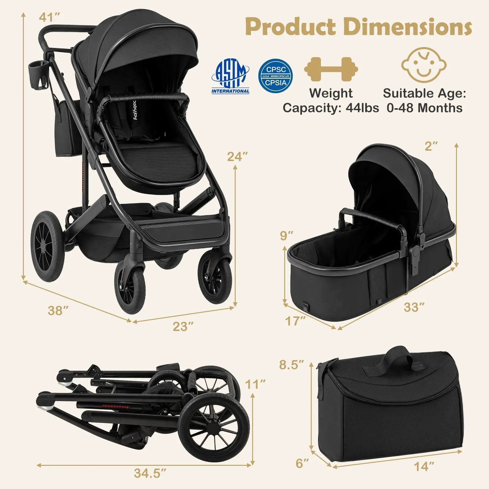 3-in-1 Folding Convertible Newborn Stroller with Detachable Bassinet by DirectDeals