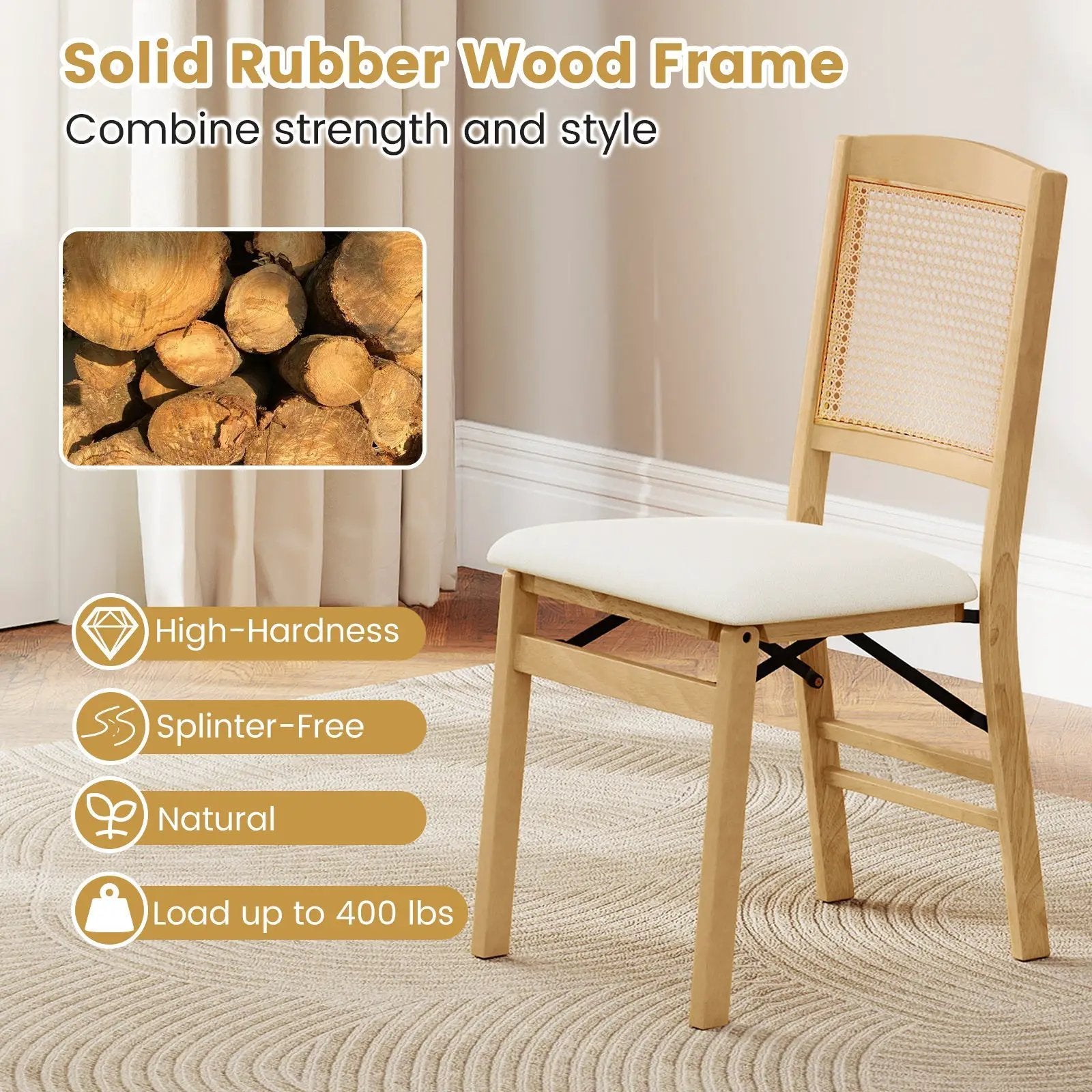 Folding Dining Chairs Set of 4 Rubber Wood Chairs with Linen Padded Seat by DirectDeals