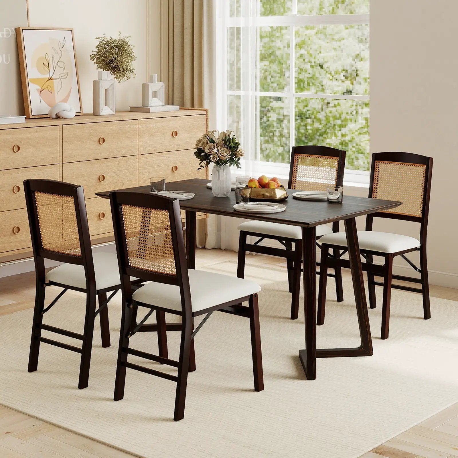 Folding Dining Chairs Set of 4 Rubber Wood Chairs with Linen Padded Seat by DirectDeals
