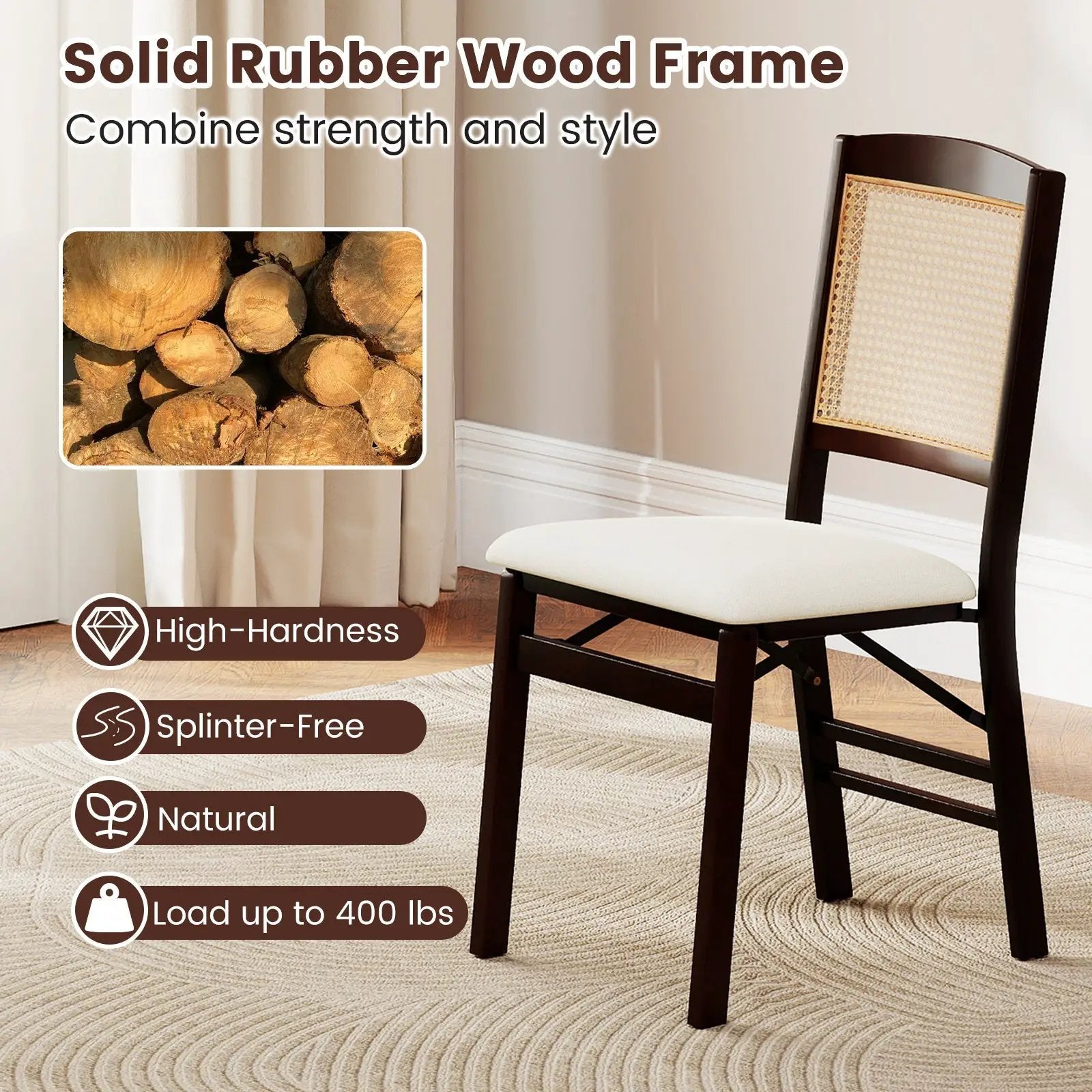 Folding Dining Chairs Set of 4 Rubber Wood Chairs with Linen Padded Seat by DirectDeals
