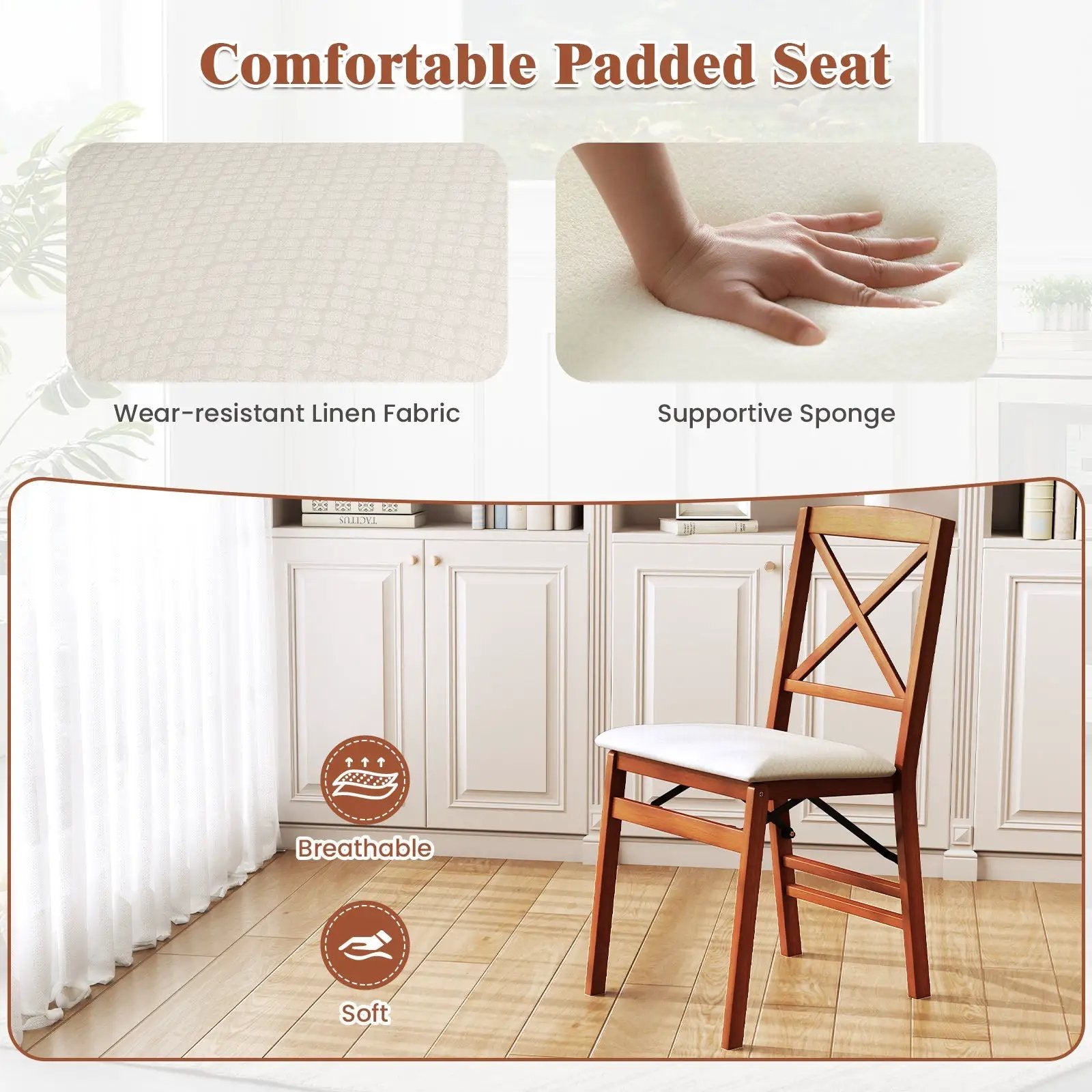 Folding Dining Chairs Set of 2 with Padded Seat and Rubber Wood Frame by DirectDeals