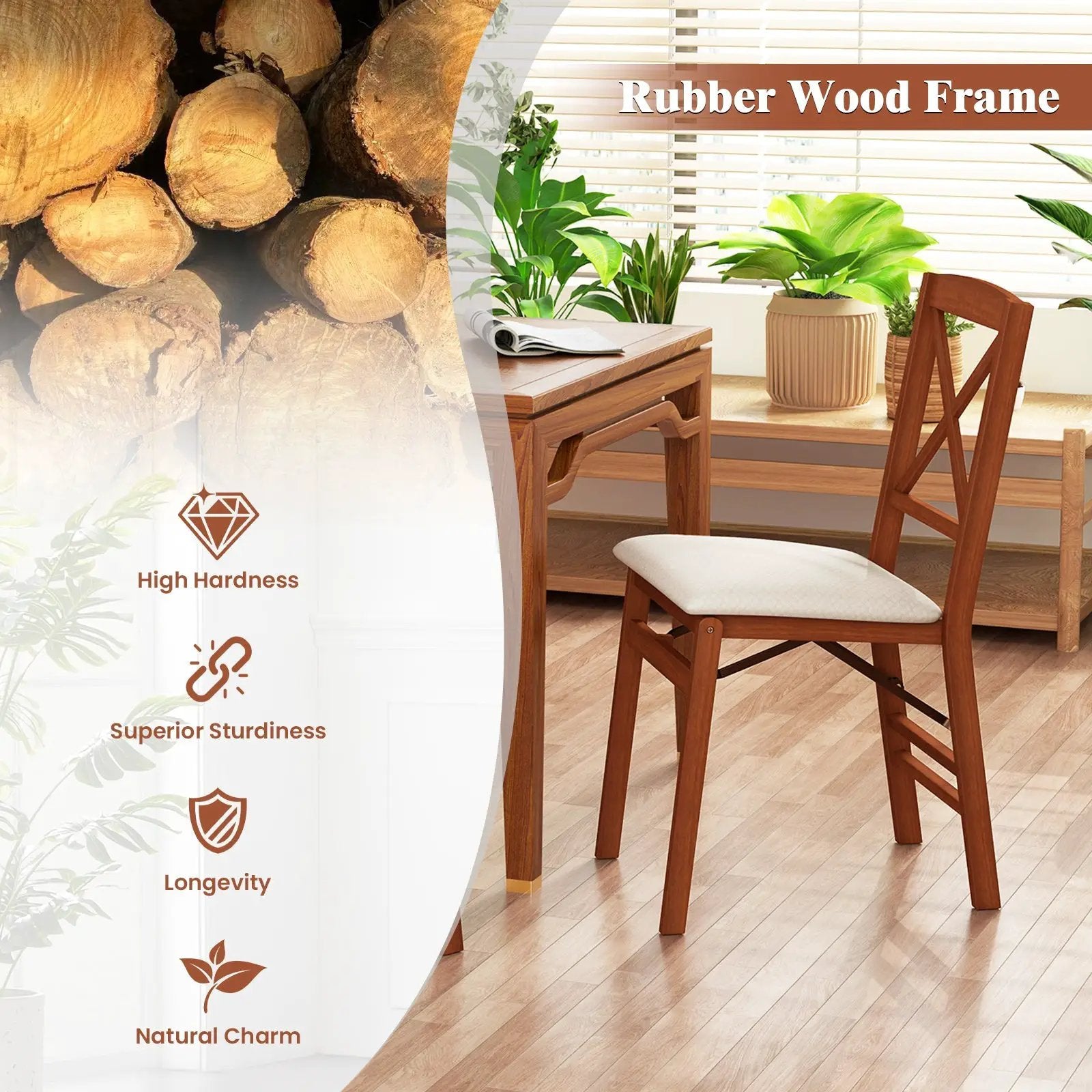 Folding Dining Chairs Set of 2 with Padded Seat and Rubber Wood Frame by DirectDeals