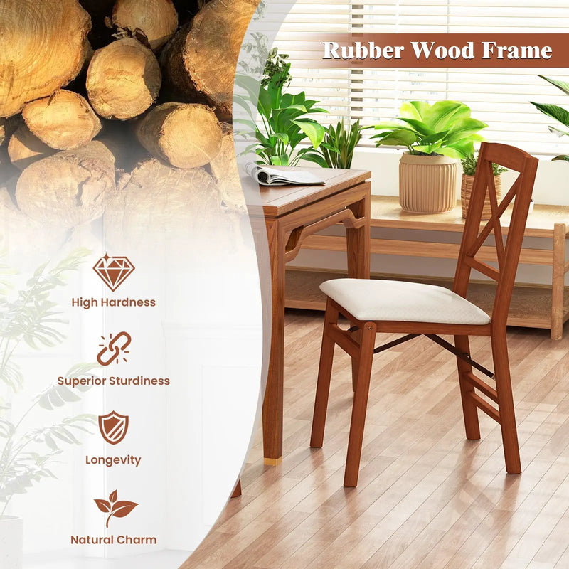 Folding Dining Chairs Set of 2 with Padded Seat and Rubber Wood Frame by DirectDeals