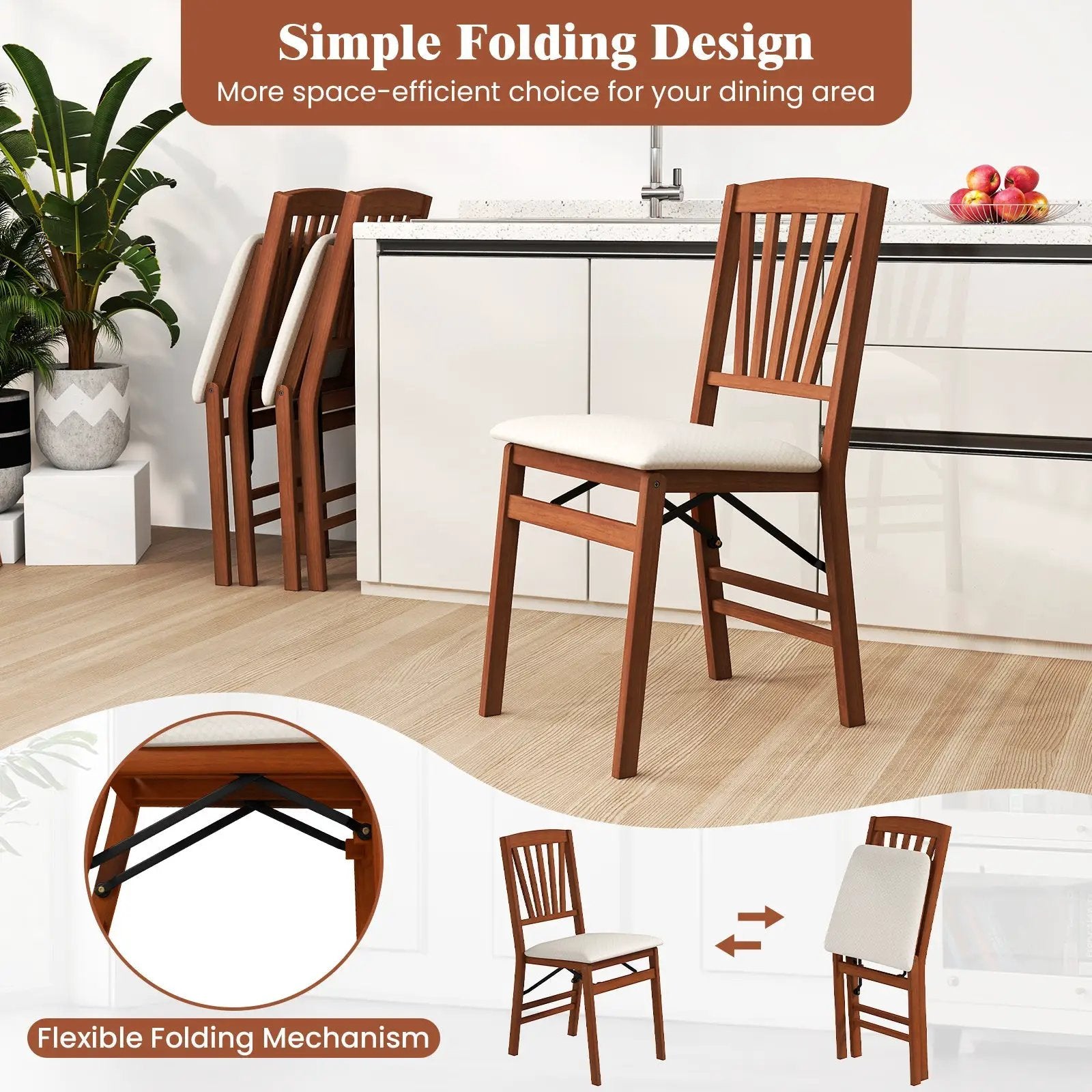 Folding Dining Chairs Set of 2 with Padded Seat and Rubber Wood Frame by DirectDeals