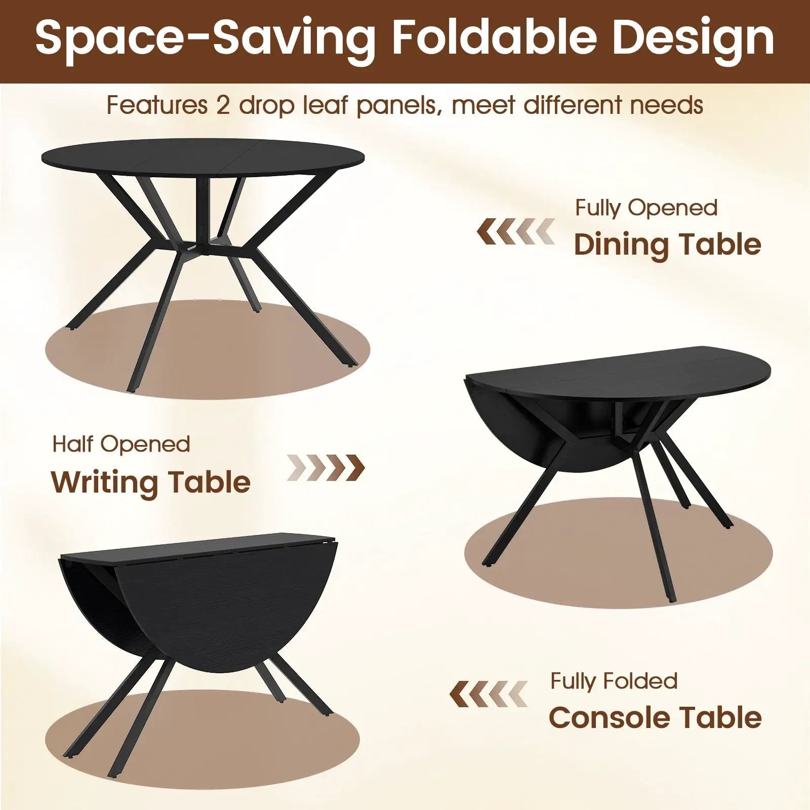 Folding Dining Table 47 Inch Extendable Round Kitchen Table with Drop Leaves by DirectDeals
