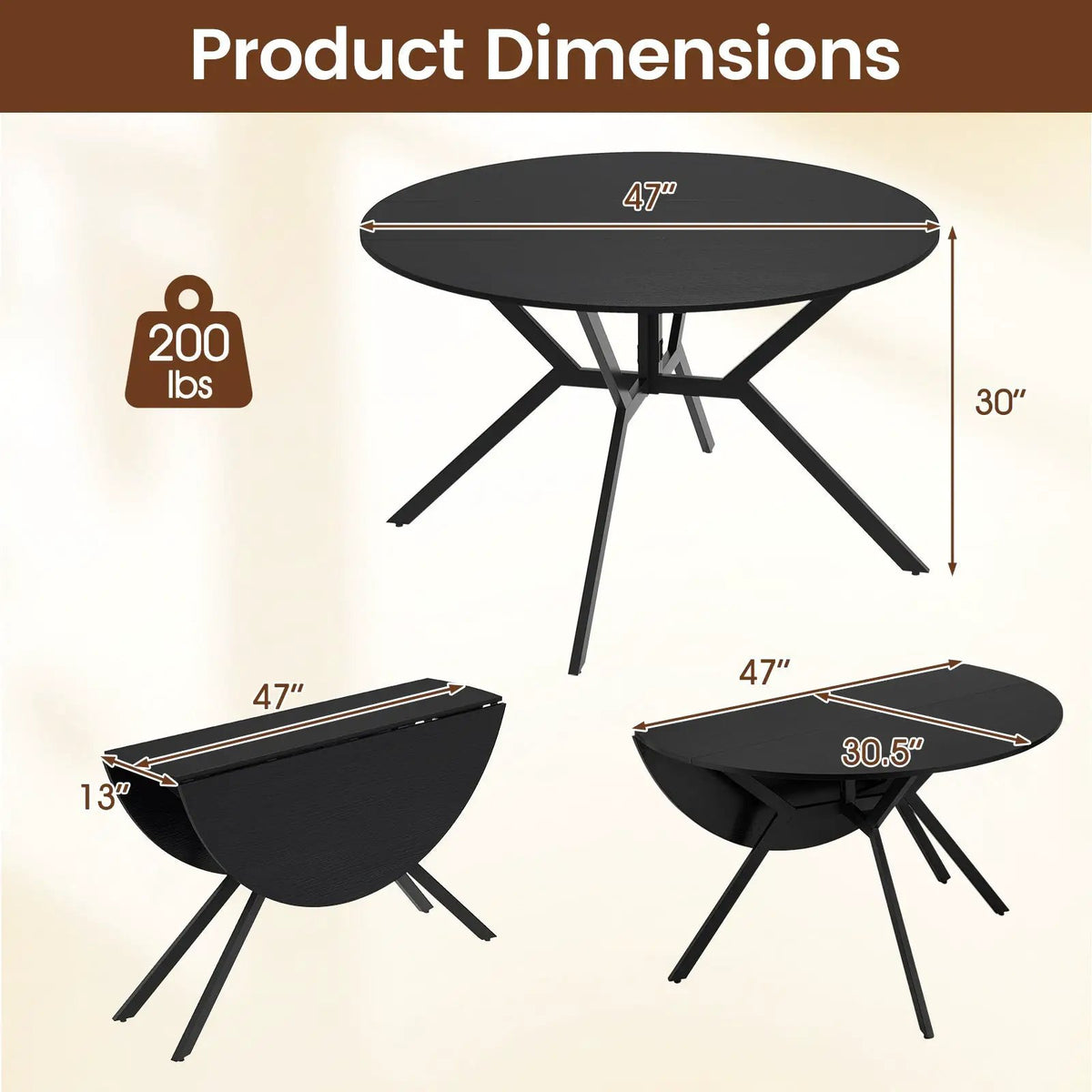 Folding Dining Table 47 Inch Extendable Round Kitchen Table with Drop Leaves, photo 12 of 24