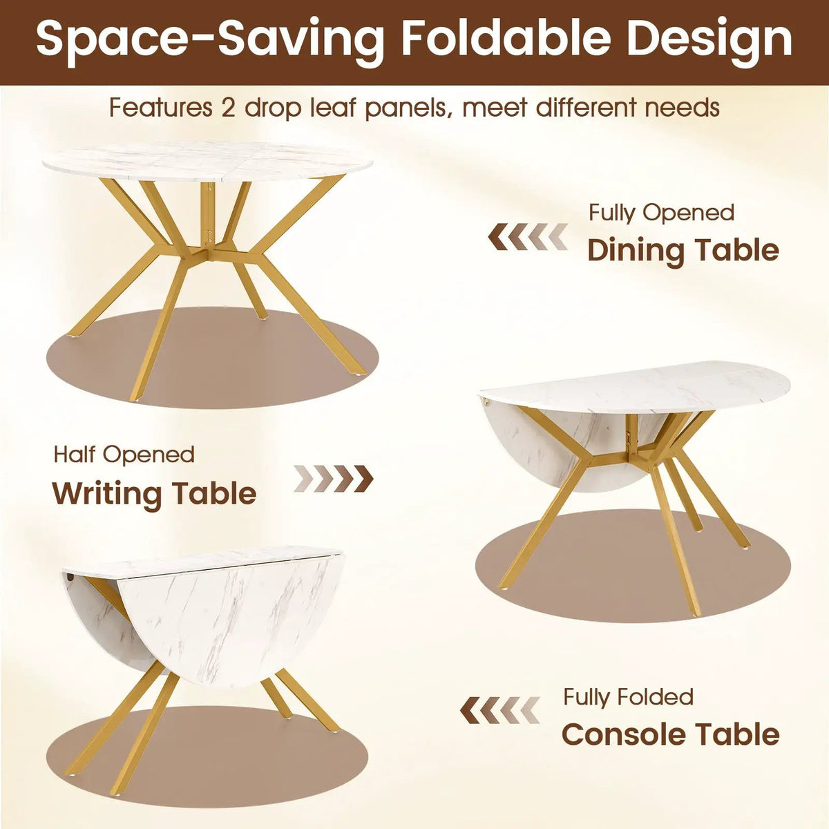 Folding Dining Table 47 Inch Extendable Round Kitchen Table with Drop Leaves, photo 21 of 24