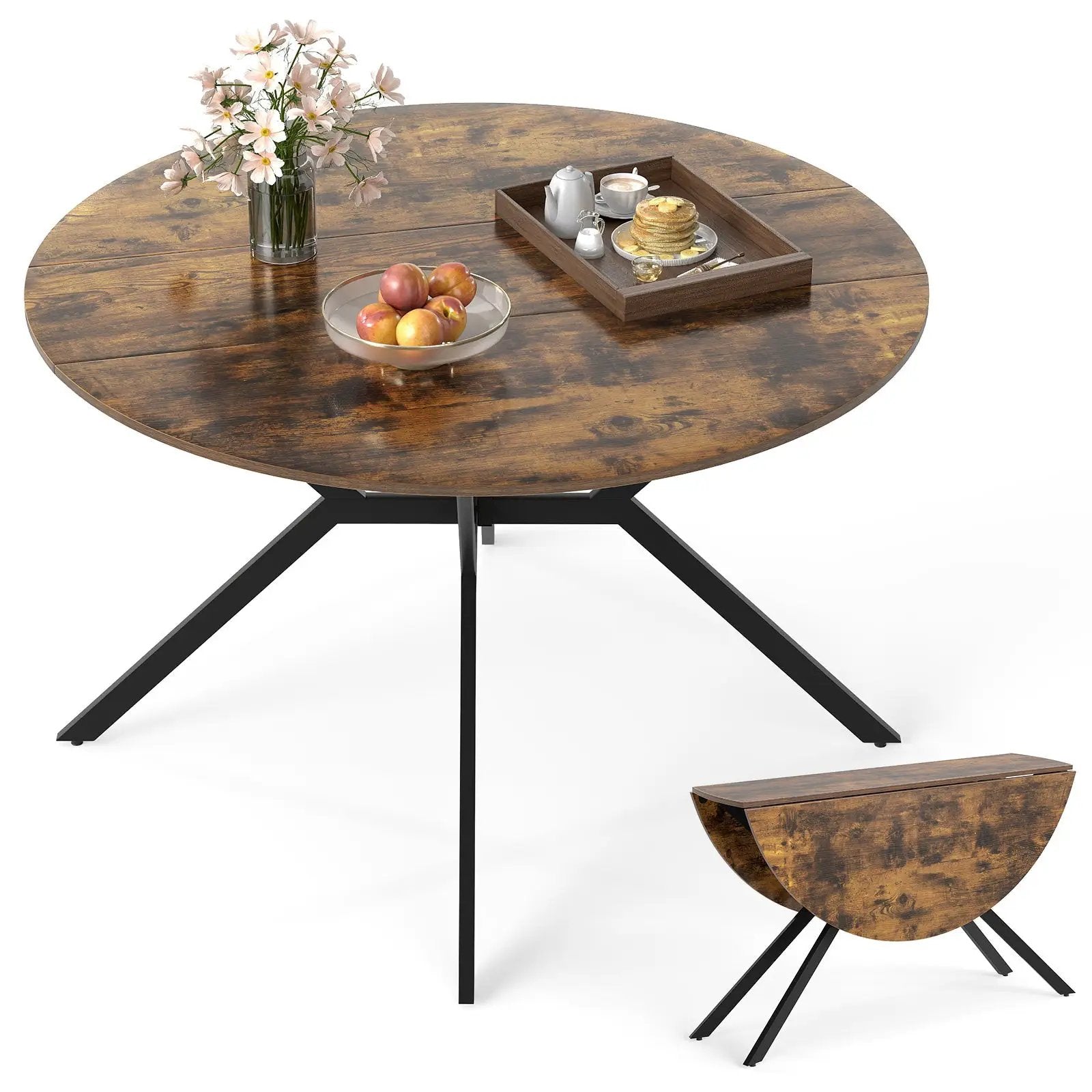 Folding Dining Table 47 Inch Extendable Round Kitchen Table with Drop Leaves by DirectDeals