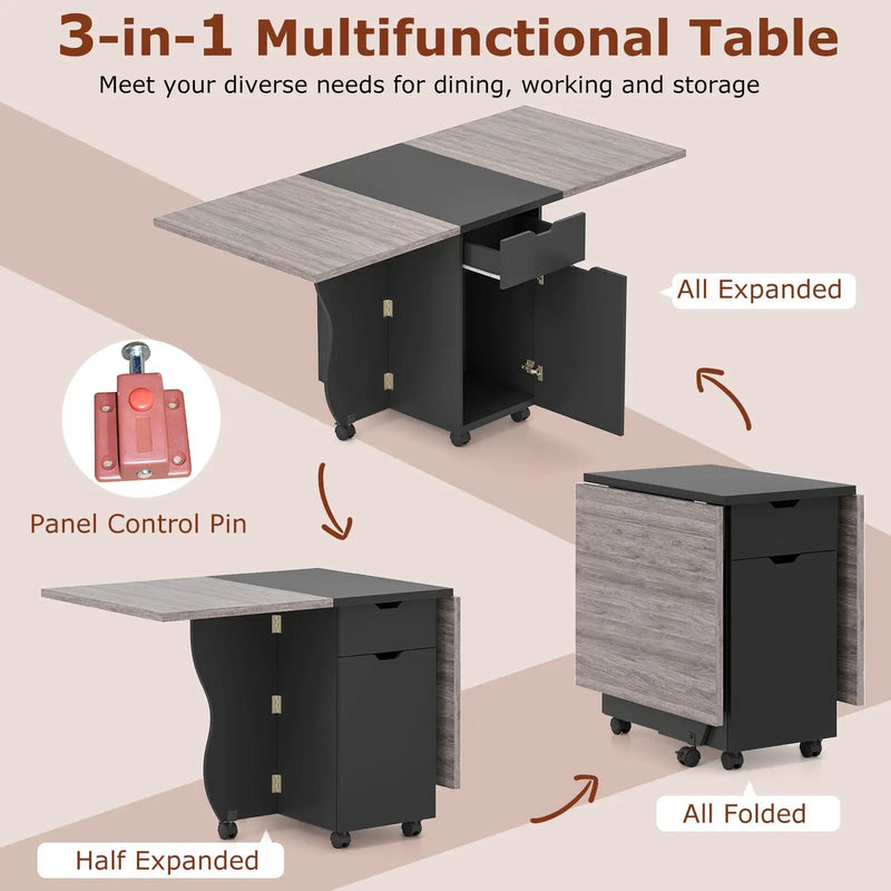 Folding Dining Table 3-in-1 Space-Saving Drop Leaf Kitchen Table with Lockable Wheels by DirectDeals