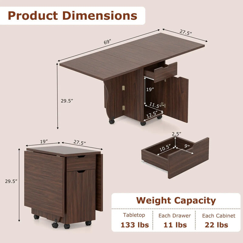 Folding Dining Table 3-in-1 Space-Saving Drop Leaf Kitchen Table with Lockable Wheels by DirectDeals