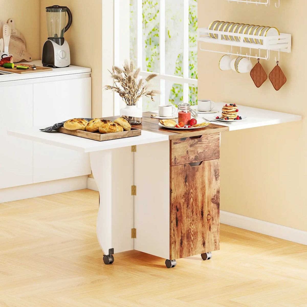 Folding Dining Table 3-in-1 Space-Saving Drop Leaf Kitchen Table with Lockable Wheels, photo 3 of 24