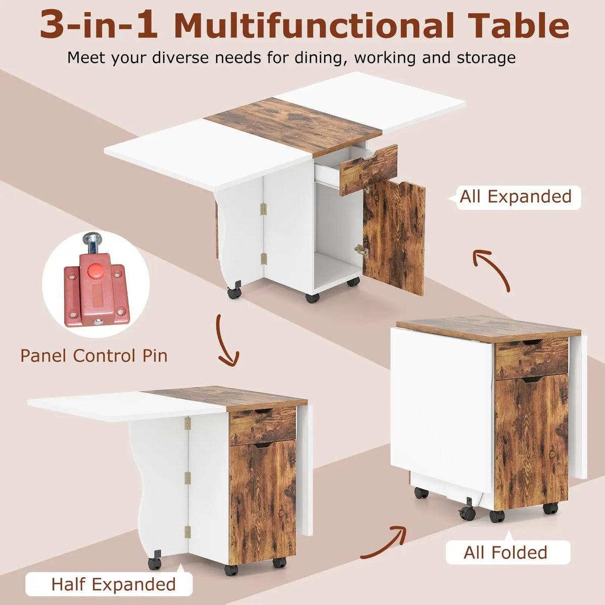 Folding Dining Table 3-in-1 Space-Saving Drop Leaf Kitchen Table with Lockable Wheels, photo 21 of 24