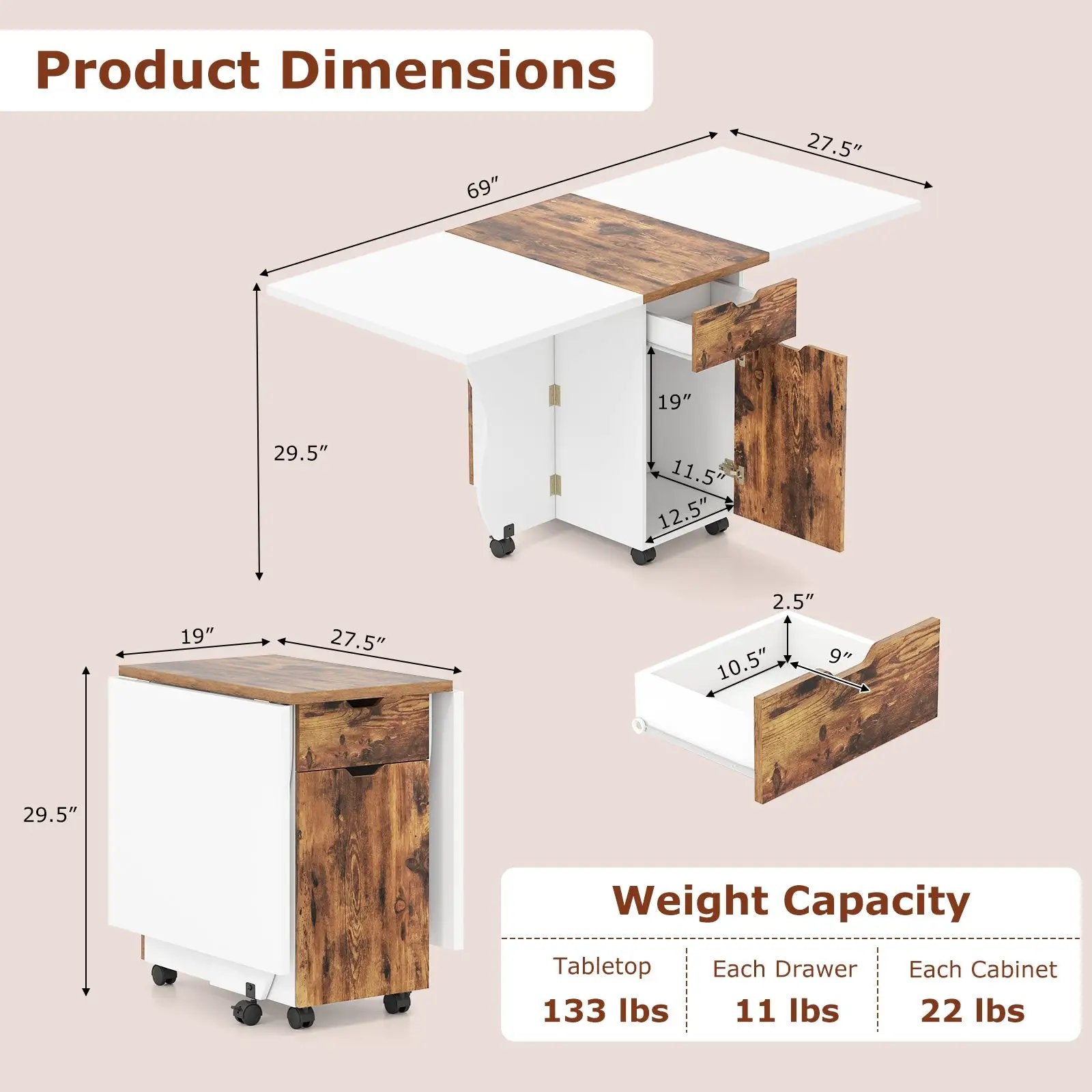 Folding Dining Table 3-in-1 Space-Saving Drop Leaf Kitchen Table with Lockable Wheels by DirectDeals