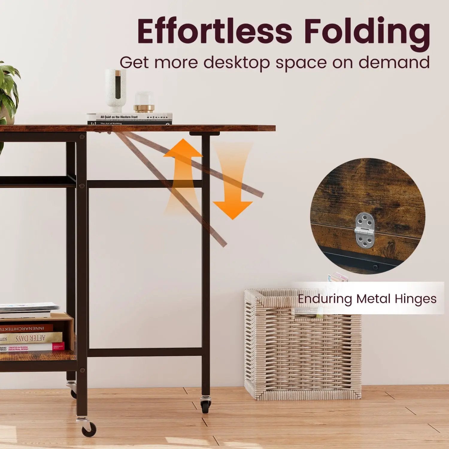 Folding Dining Table with Expandable Laptop with Wine Rack and Wheels-Rustic Brown by DirectDeals